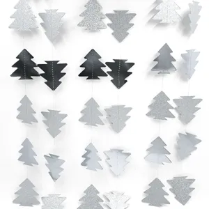 Close up detail of silver and black glitter Christmas tree paper garland hanging decor.