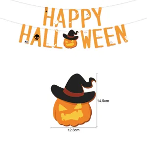 Halloween party decoration banner detail view, pumpkin witch hat hanging ornament size display.