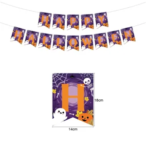 Close-up detail of Halloween party banner pennant showing pumpkin and ghost print with size.