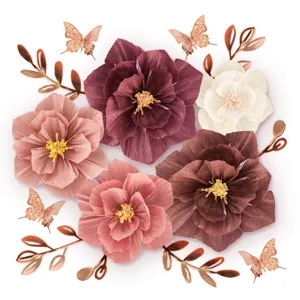 3D Crepe Paper Flower Set With Metallic Butterfly Leaves Background Wall Decor For Birthday Party Wedding Home Decoration