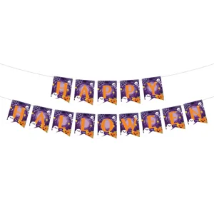 Halloween party hanging banner decoration with ghost and pumpkin letter flags for festive decor.