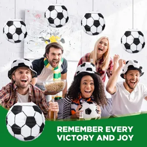 Soccer paper lanterns for sports themed birthday party decorations and ceiling hanging decor items.