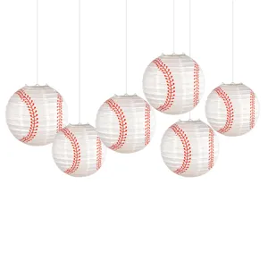 Baseball paper lanterns hanging decorations for sports theme kids birthday party atmosphere.