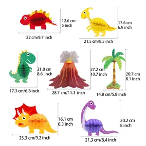 Dinosaur honeycomb centerpiece size details, cute animal paper balls for kids birthday party decor.