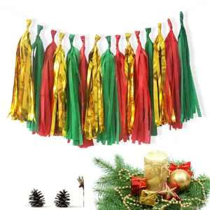 Christmas paper tassel garland in red, green and gold foil for holiday party decor.