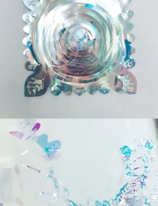 Iridescent holographic hanging decoration detail view for party and wedding decor.