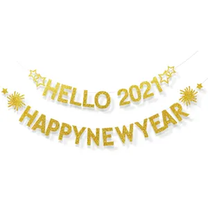 Gold glitter New Year party banner hanging decoration set for holiday celebration events.