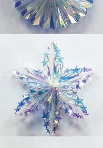 Holographic star ornament detail view, showing shiny iridescent paper folding structure and cutouts.