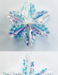 Detailed view of the 3D holographic snowflake hanging decoration for holiday party decor.