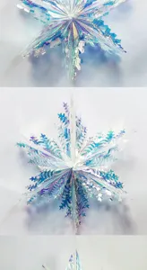 Holographic snowflake ornament detail view showing iridescent laser film and multi-angle structure.