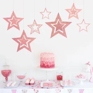 Hollow Star Hanging Decorations Glitter Paper Star Garland Ornaments For Party Christmas New Year Indoor Home Decor