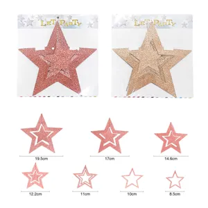 Detail view of glitter star hanging decorations showing various sizes from 8.5cm to 19.5cm.