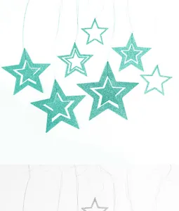 Detail view of glittering mint green hollow star hanging ornaments for party decor.