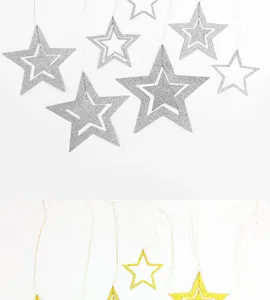 Hollow glitter star hanging decorations detail, sparkling party pendant ornaments for celebration.