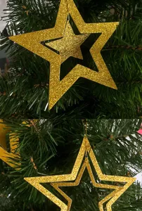 Gold glitter hollow star hanging ornament for Christmas tree party home holiday decor detail view