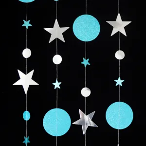 Blue and silver star circle garland detail showing glitter texture and hanging strings.