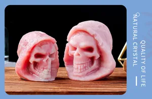 Natural pink opal crystal skull statue grim reaper carving for Halloween home decor item.
