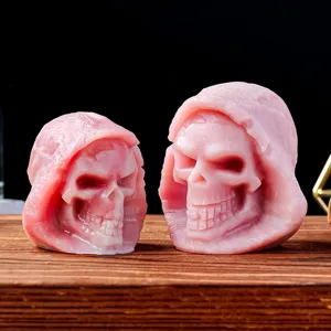 Natural Pink Opal Grim Reaper Skull Statue Hand Carved Crystal Stone Gothic Figurine For Halloween Home Decor Ornament Gift