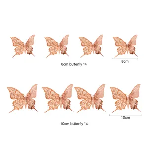 Detailed view of 3D rose gold hollow butterfly wall stickers, showing 8cm and 10cm sizes clearly.