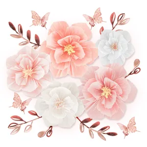 3D crepe paper flowers set with metallic butterflies and leaves for wall decor party