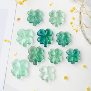 Natural Green Fluorite Crystal Clover Carved Ornament Hand Polished Quartz Stone Carving Craft Office Home Table Desk Decor
