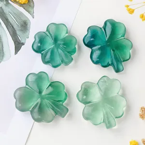 Natural green fluorite crystal four-leaf clover carving stone polished home decor ornament