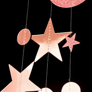 Star and circle garland hanging decoration for birthday wedding party supplies, shiny pink gold.