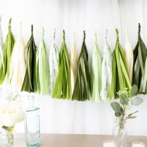 Green paper tassels garland hanging decoration for wedding birthday party supplies detail view.