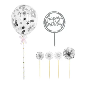 Silver birthday cake topper set with confetti balloon and paper fan decorations for parties.