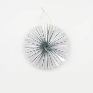 Silver folding paper fan hanging decoration detail shot, party wedding backdrop prop accessory.