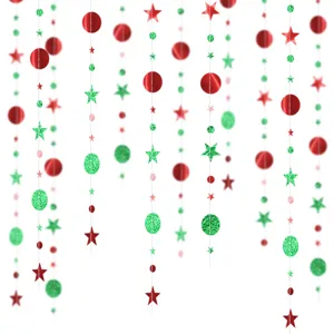Christmas hanging decorations red green glitter stars circles party garland 4m strings