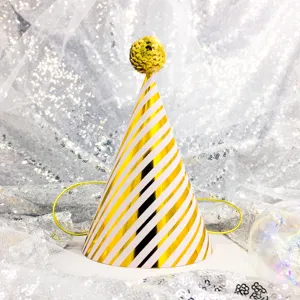 Gold and white striped party hat with sequin pom-pom for kids birthday celebration and festive events