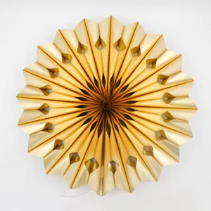 Gold metallic paper fan decoration for parties and weddings, hollow fold flower backdrop.