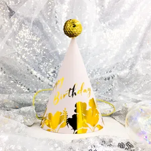 Kids birthday party cone hat with gold sequin ball and shiny leaf print, cute decor.