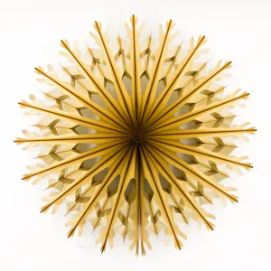 Detailed close-up of a shimmering gold paper folding fan, perfect for party decor.