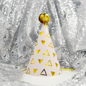 Ins style pink and gold geometric kids birthday party cone hat with shiny pom-pom top.