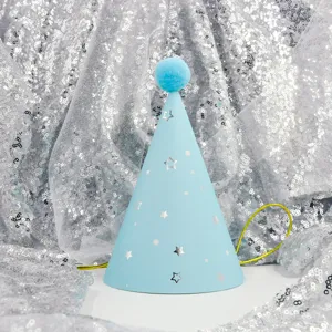 Adorable light blue birthday party hat with cute pom-pom and silver stars for kids celebration.