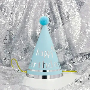 Close-up detail of the blue party hat detail with silver stripes on sparkling sequin backdrop.