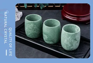Natural jade tea cups set, green crystal gemstone straight cups for kung fu tea tasting home.