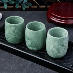 Natural green jade tea cups set, straight stone cup for kung fu tea or wine, elegant home decor.