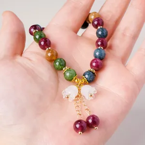 Natural Crystal Colorful Tourmaline Bead Bracelet For Women Elegant Lily Of The Valley Pendant Gold Plated Hand Jewelry