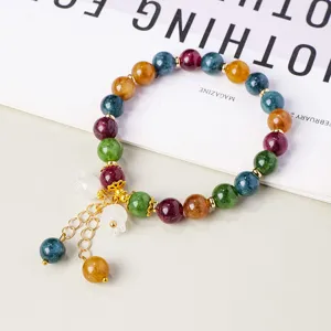 Colorful tourmaline bead bracelet with cute lily of the valley pendant, ins style chic jewelry.