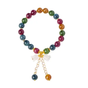 Multi-color tourmaline beaded bracelet with elegant lily of the valley pendant, chic and stylish.