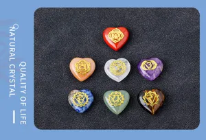 Natural crystal heart chakra stones set, 7 color healing energy stones with gold symbols.