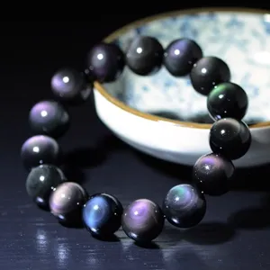 Braccialetto in Ossidiana Nera Naturale Vere Perle di Pietra Occhio di Arcobaleno Filo di Preghiera Bangle Minimalista Quotidiano Uomo Donna Gioielli di Cristallo Regalo
