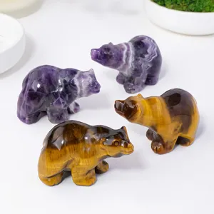 Ensemble de figurines d'ours en cristal naturel, sculptures d'animaux en pierre pour déco.
