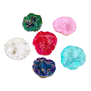 Natural crystal agate geode slice ornaments, colorful raw mineral stone home decor set.
