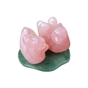 Handmade Natural Rose Quartz Mandarin Duck Crystal Carving Figurine Wedding Gift