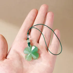 Natural Green Aventurine Four-Leaf Clover Phone Charm Lucky Plant Crystal Stone Hand Carved Pendant Car Keychain Hanging Decor Ornament Gift