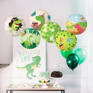 Creative dinosaur hanging paper lanterns for kids birthday party jungle theme decor.